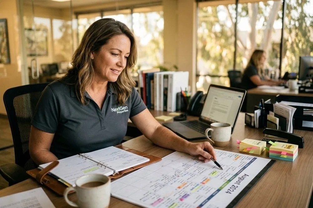 Property manager reviewing multifamily lease expiration calendar planning due diligence
