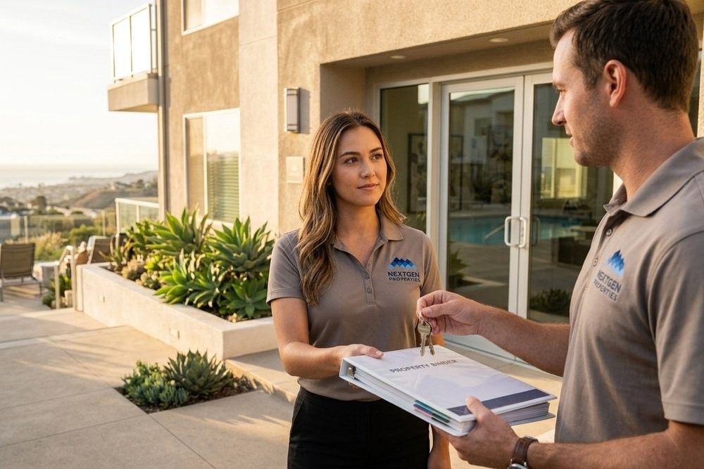 NextGen Properties manager receiving keys during property management company transition Orange County