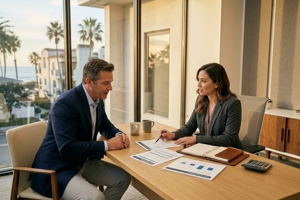 Real estate investor meeting commercial lender reviewing loan terms California multifamily