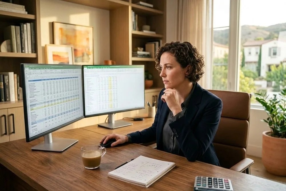 Real estate investor reviewing multifamily underwriting model on dual monitors Orange County