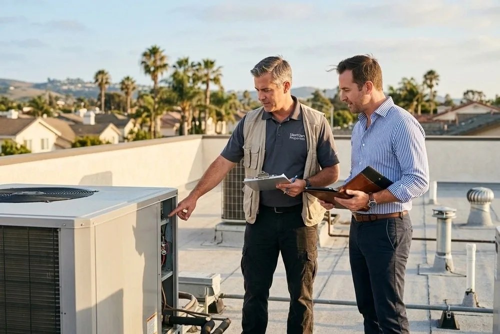 Building inspector and investor inspecting rooftop HVAC unit California apartment due diligence