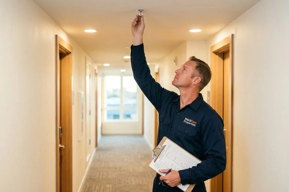 Fire safety inspector checking sprinkler heads California apartment building hallway