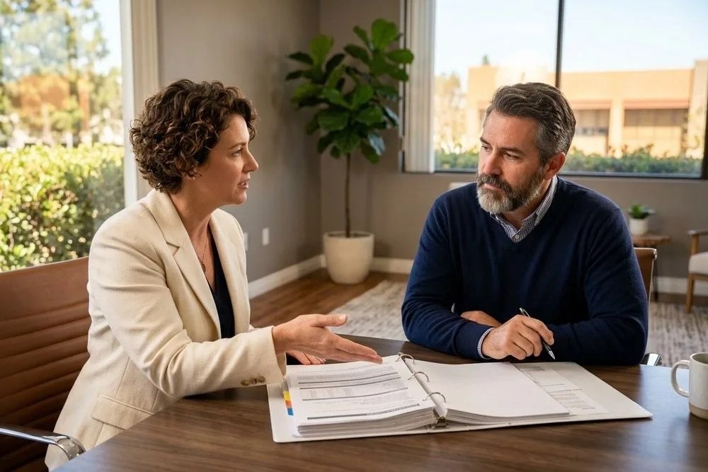 Property owner reviewing California multifamily insurance policy with broker office