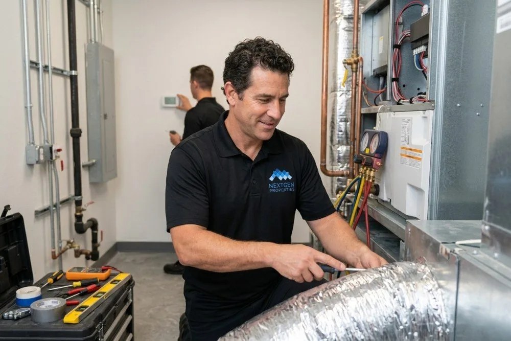 HVAC technicians installing new air conditioning systems in Orange County multifamily property showing capital improvement depreciation