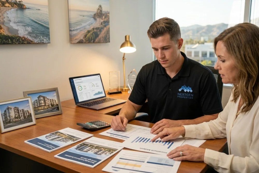 Financial advisor and investor reviewing tax optimization strategies and depreciation schedules for Orange County multifamily properties