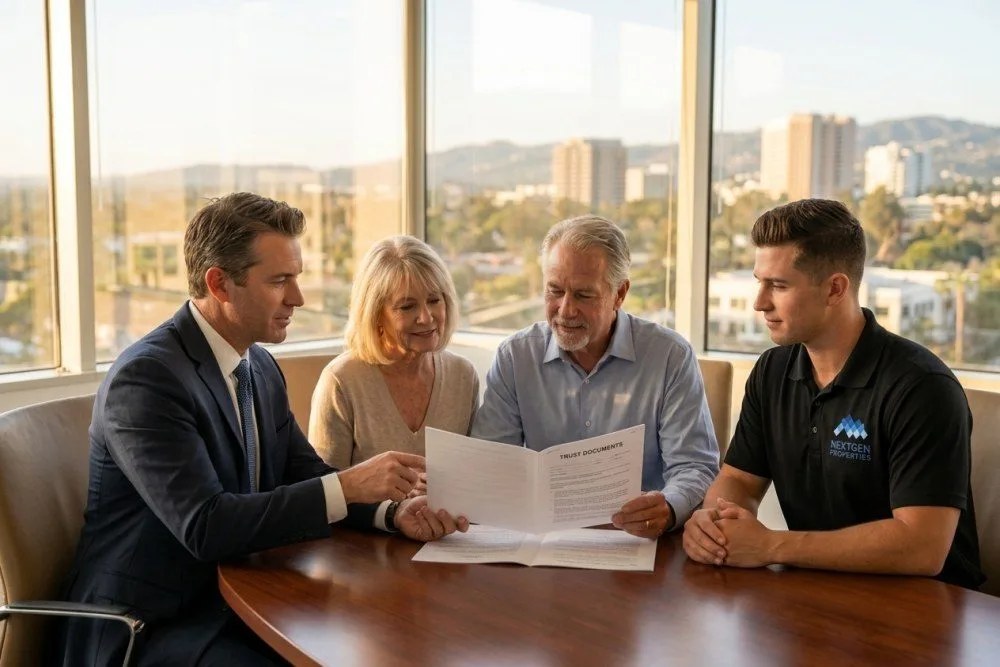 Estate planning attorney reviewing trust documents with Orange County property owners