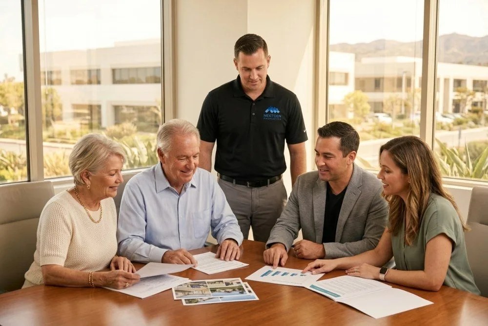 Multi-generational family meeting discussing Orange County property inheritance planning
