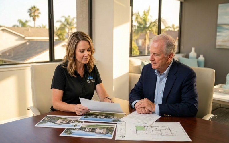 Professional estate planning meeting with Orange County multifamily property documents spread on conference table, warm natural lighting