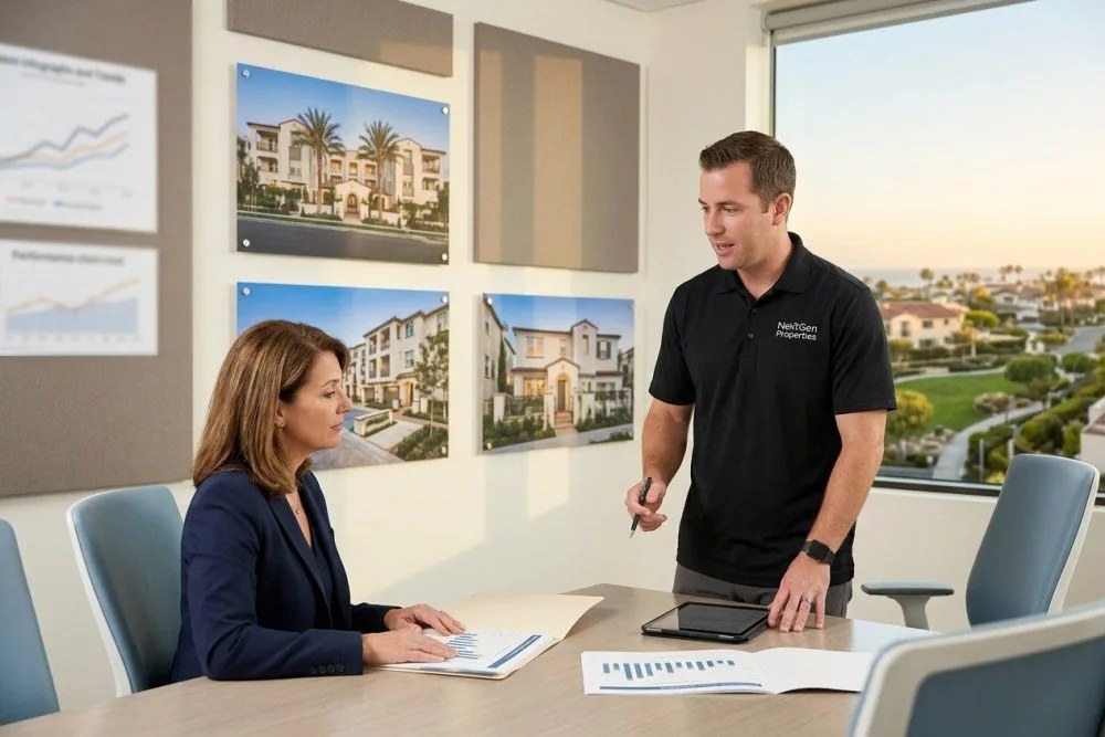 Trust administrators reviewing Orange County multifamily property performance reports