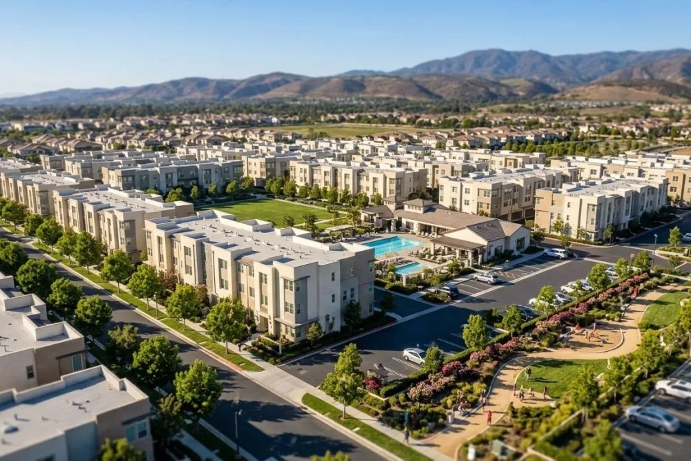 Aerial view of modern Irvine master-planned community showing well-maintained townhomes, recreational amenities, and organized layout