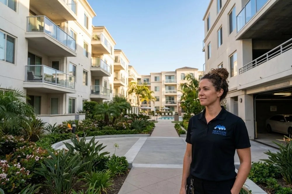 Newport Beach condominium building exterior showing well-maintained common areas, balconies, and landscaping for investment evaluation