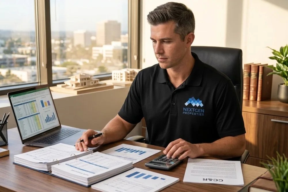 Orange County investor analyzing HOA financial documents and CC&R rental restrictions at property management office