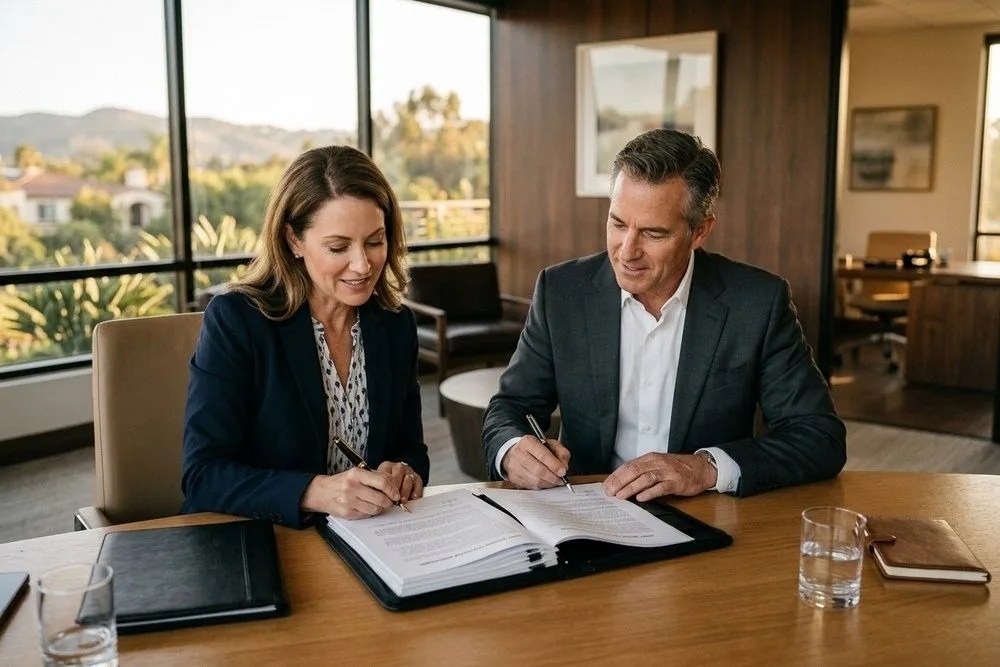 Real estate joint venture partners signing JV partnership agreement California conference room