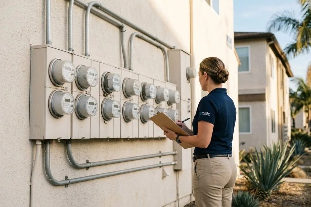 Property manager reviewing utility meter bank at California apartment building RUBS billing