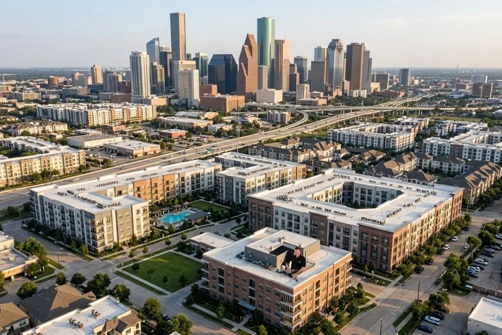 Aerial view of Houston multifamily developments with downtown skyline showcasing market opportunities