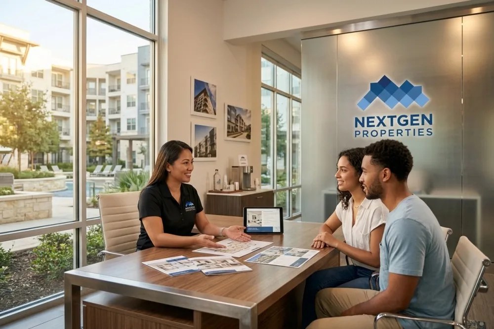 Modern leasing office in Texas multifamily complex with professional staff assisting prospective tenants