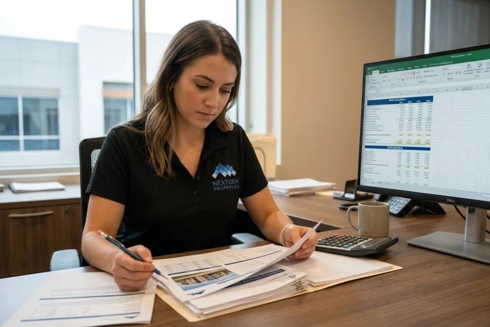 NextGen Properties analyst reviewing Texas multifamily DSCR loan documents and financial statements