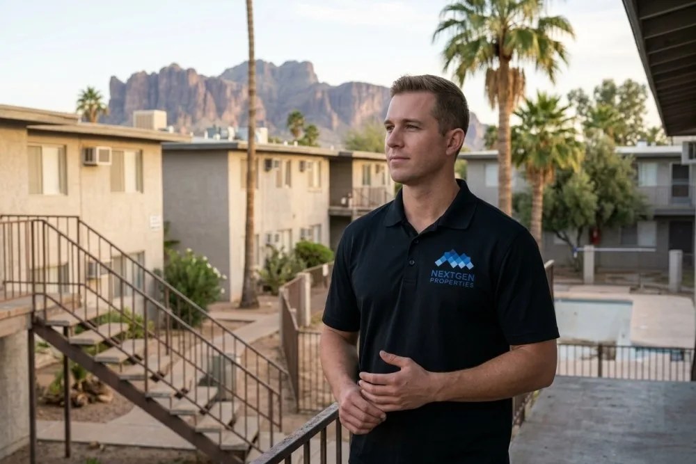1990s garden-style multifamily property in Mesa with renovation potential, mature landscaping, mountain views, urban infill location