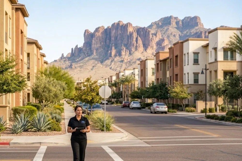 Wide view of East Valley multifamily corridor with modern apartment complexes along tree-lined street, Superstition Mountains backdrop