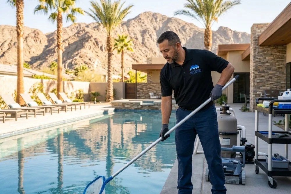 Pool maintenance professional servicing a luxury desert resort-style pool with mountain backdrop