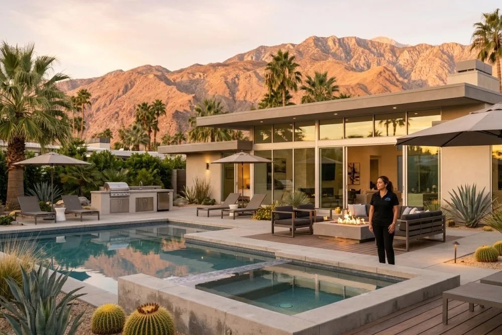 Luxury desert home with resort-style pool and mountain views during golden hour, showcasing STR amenities