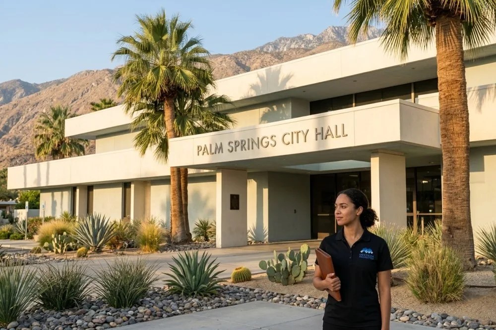 Palm Springs City Hall building exterior with clear signage for STR permit applications and compliance