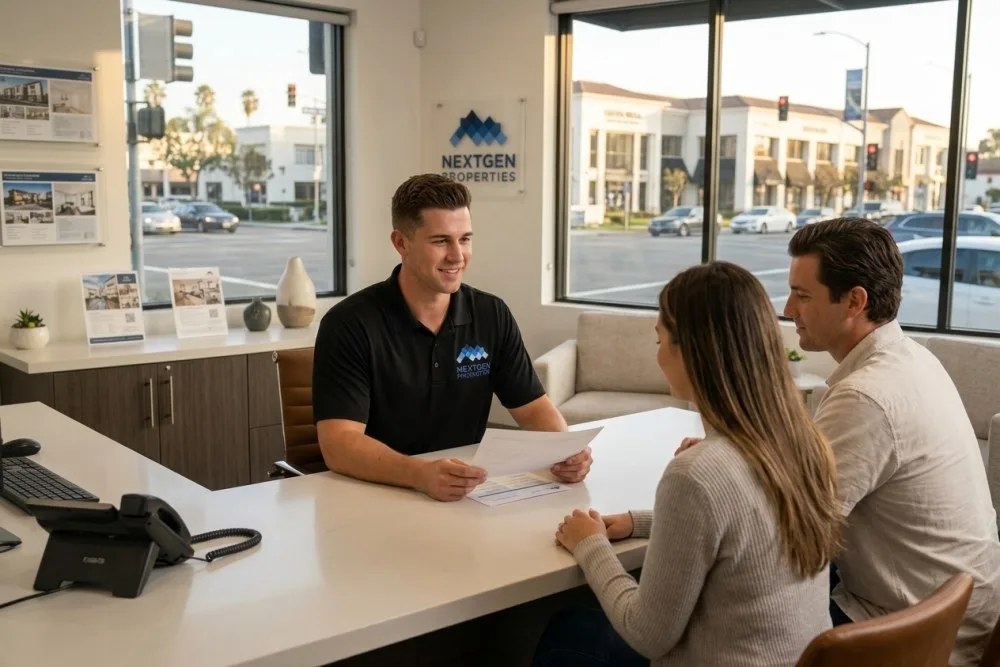 NextGen Properties manager consulting with tenant in modern Costa Mesa leasing office