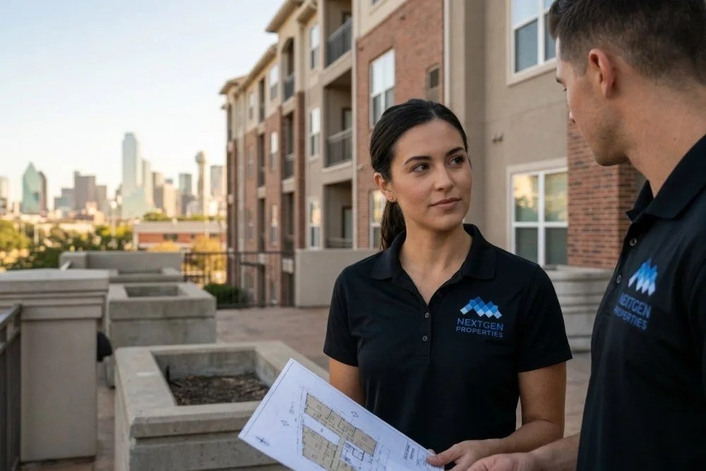 Class B multifamily property in Irving Las Colinas area with corporate skyline background