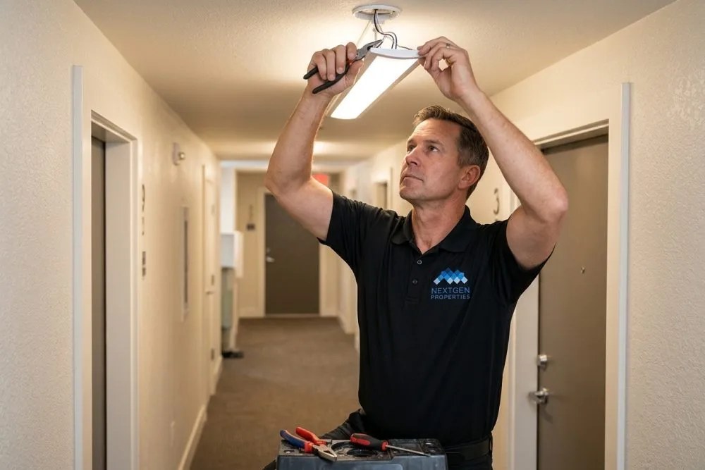 Maintenance worker installing energy-efficient LED lighting in apartment hallway