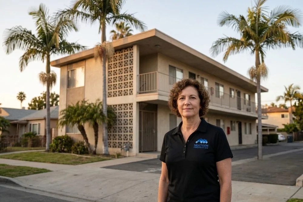 Classic 1970s Los Angeles apartment building exterior with palm trees