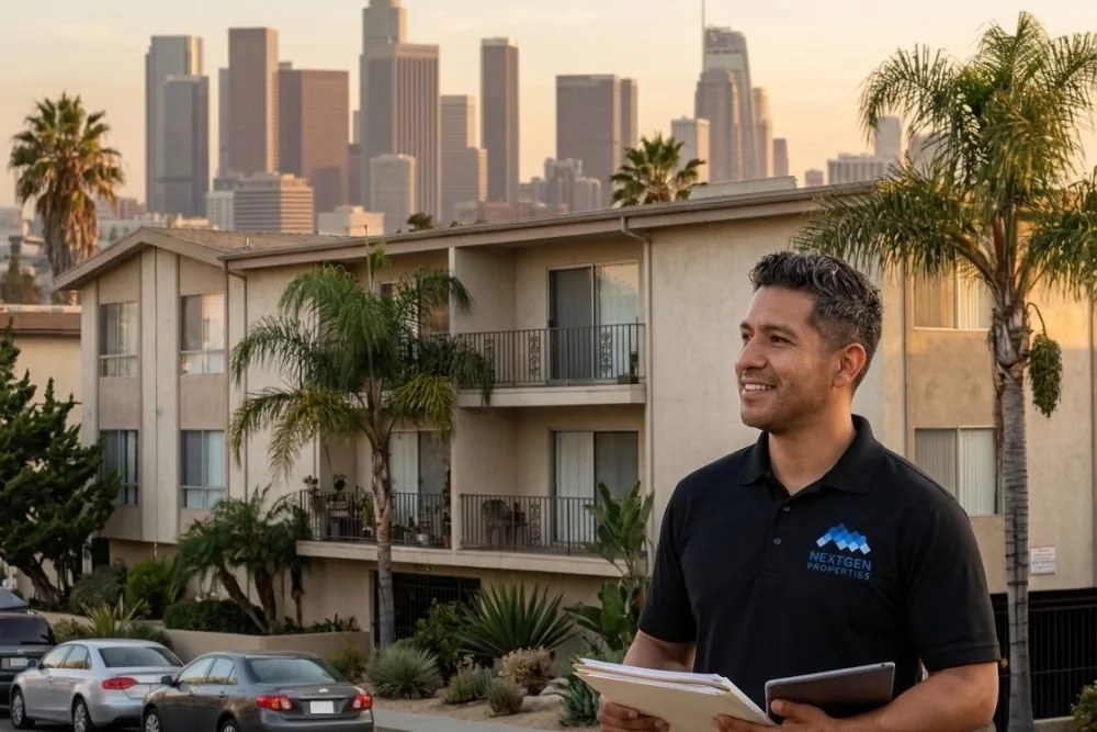 Los Angeles multifamily apartment complex with downtown skyline in background