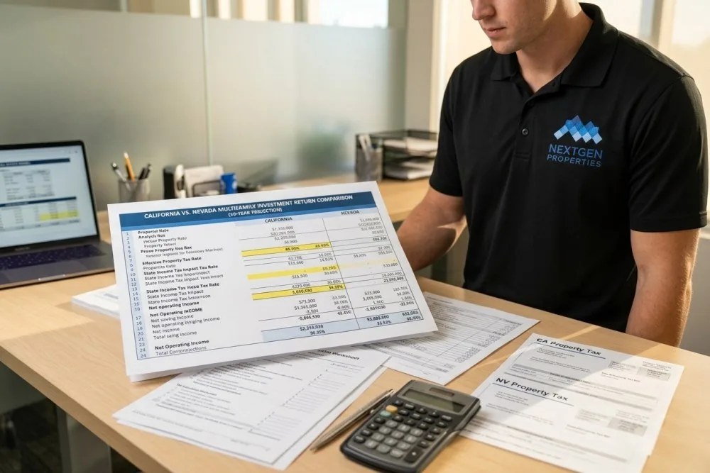 Tax calculation documents comparing Nevada versus California multifamily investment returns