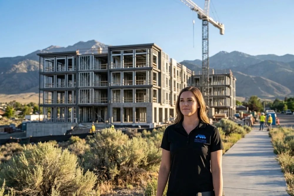 Modern multifamily development under construction in Reno with Sierra Nevada mountains backdrop