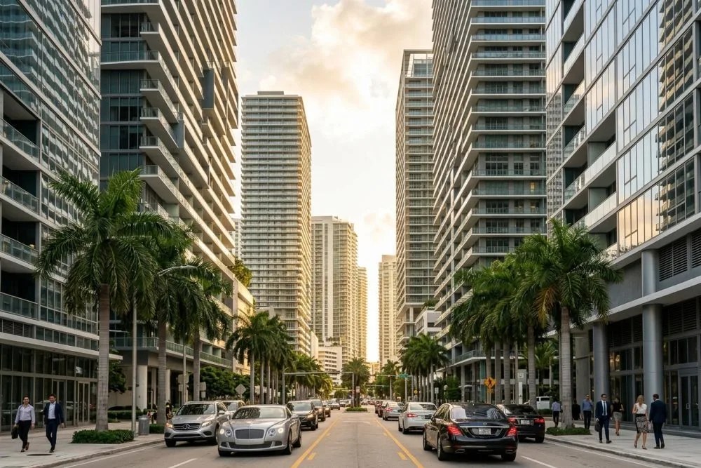 Modern luxury multifamily towers in Brickell financial district reflecting international architecture