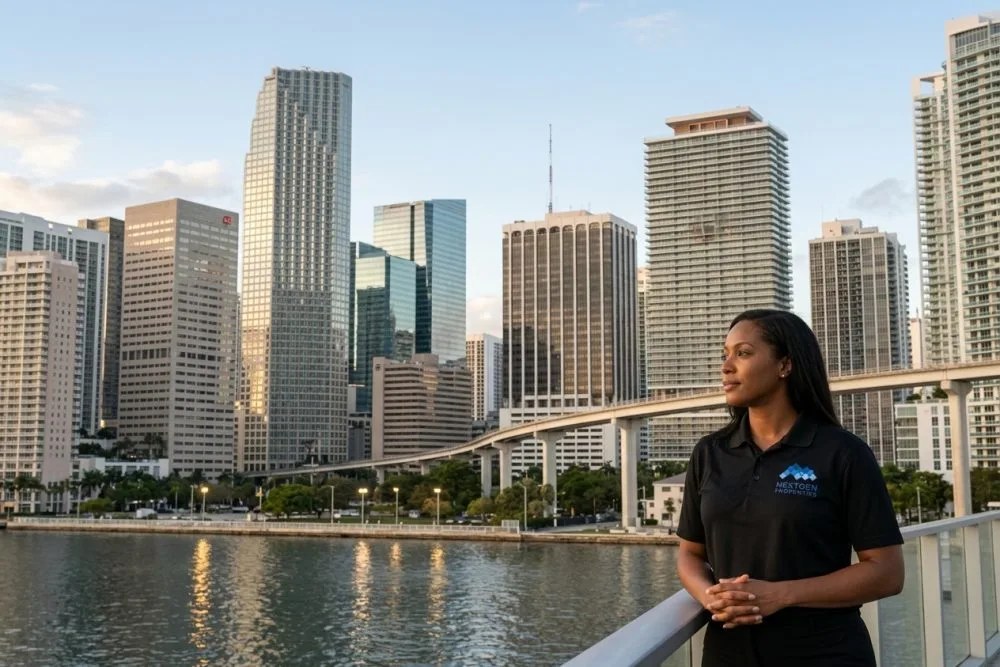 Miami downtown financial district skyline with modern towers along Biscayne Bay