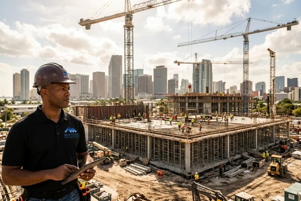 Construction cranes and new development in Miami Opportunity Zone with downtown backdrop