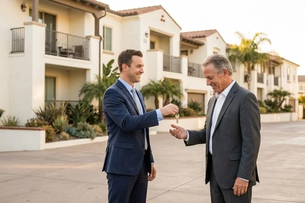 Commercial real estate broker handing keys to buyer Orange County California apartment building sale