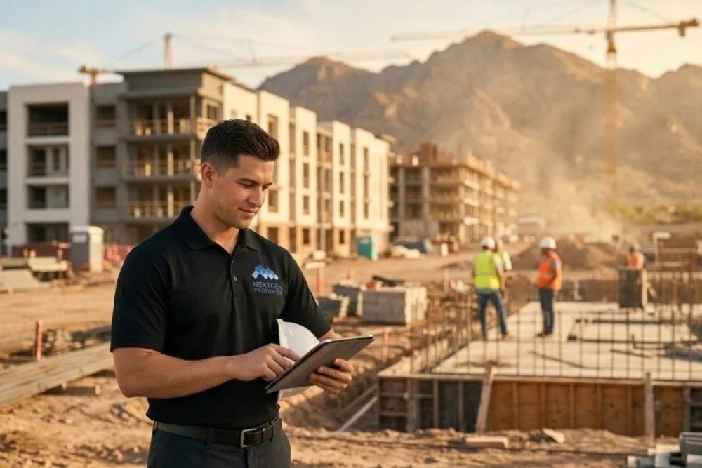 New multifamily construction in Phoenix with desert mountain backdrop