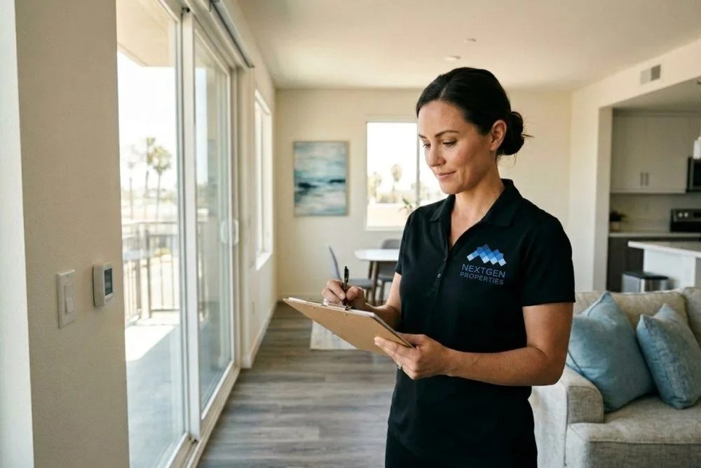 Property manager conducting apartment inspection with clipboard and digital tablet