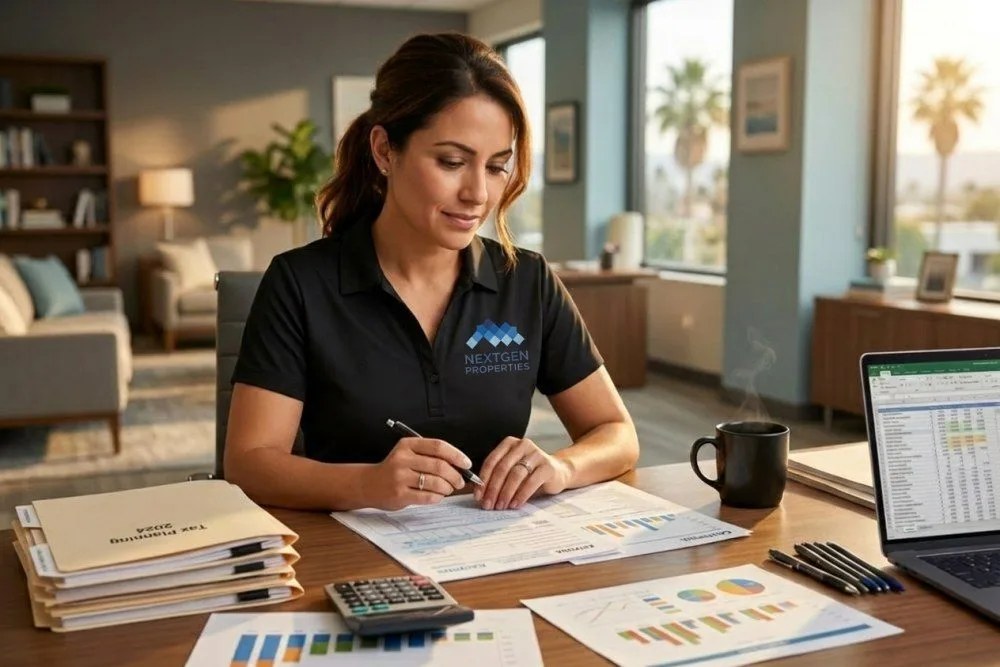 Tax planning documents and calculator on desk with Arizona and California tax forms