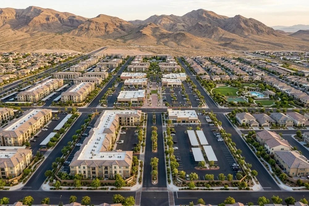 Aerial view of Henderson master-planned community with multifamily complexes integrated among single-family neighborhoods