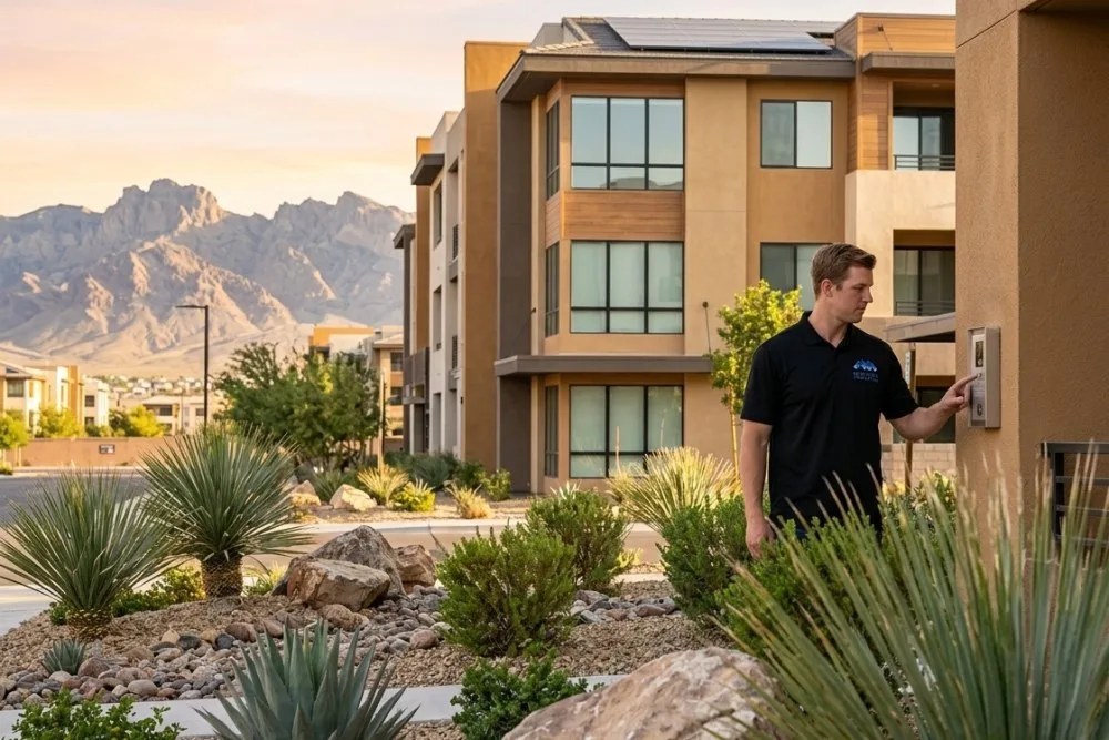 Contemporary multifamily building in Henderson with desert landscaping and mountain backdrop