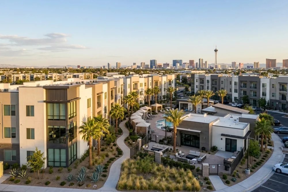 Modern multifamily developments in Las Vegas with downtown skyline backdrop