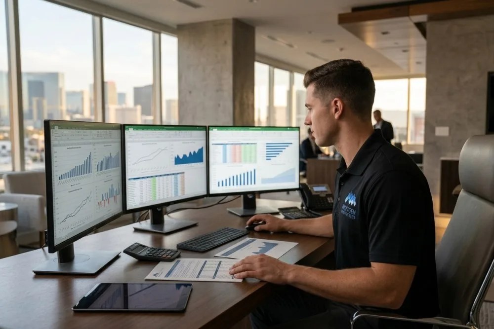 Investment professional analyzing Nevada multifamily market data on multiple monitors in modern office