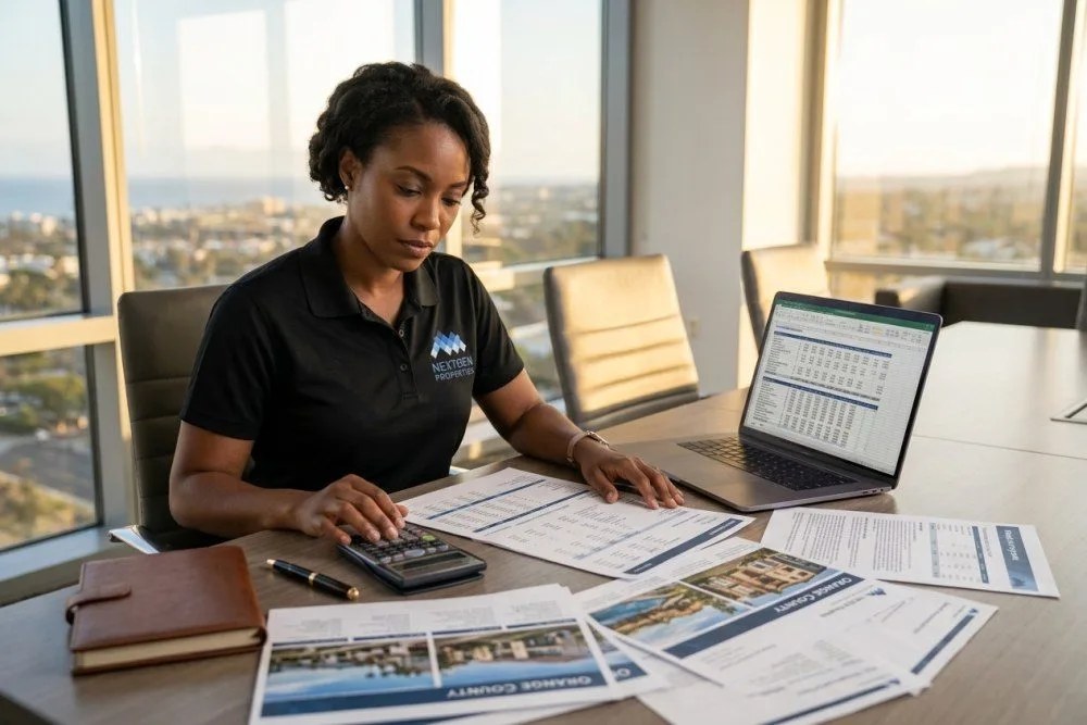 Real estate investor analyzing multifamily property financial projections with Orange County rent control ordinance impacts