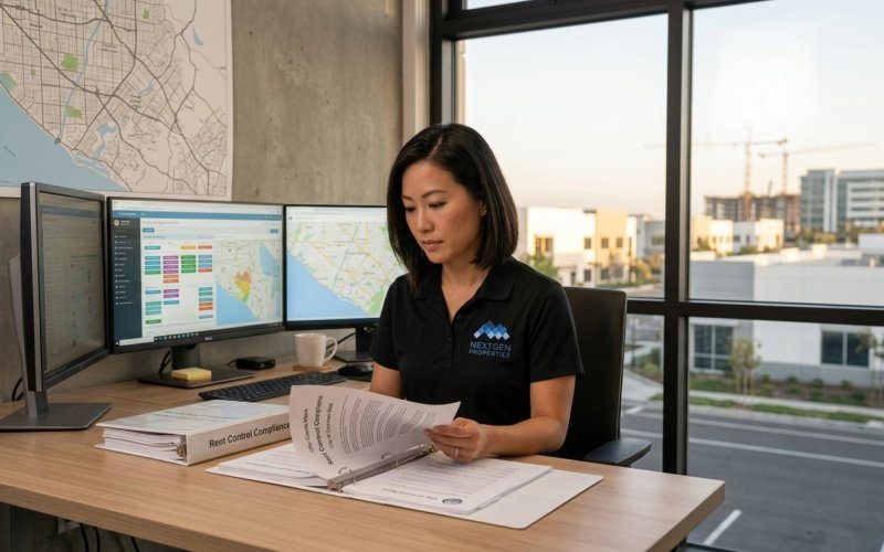 NextGen Properties property manager reviewing rent control compliance documents at modern Costa Mesa office with Orange County city maps