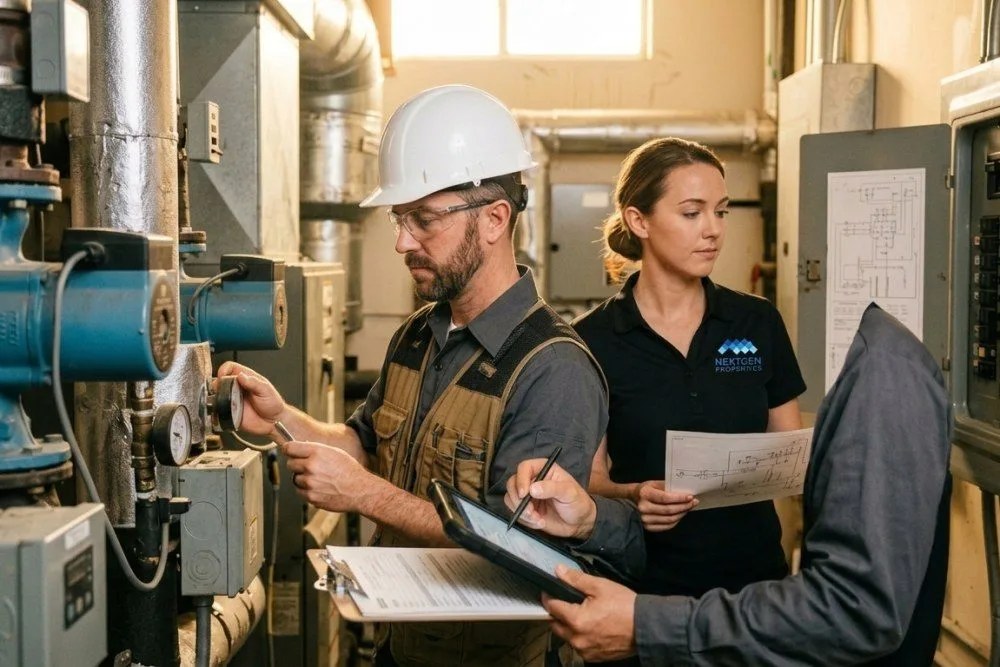 Property inspector examining HVAC systems and electrical panels during Class B apartment due diligence