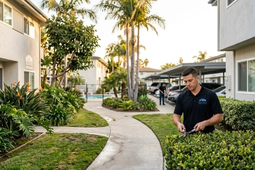 Well-maintained Class B apartment complex in Garden Grove with mature landscaping and covered parking