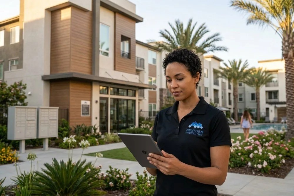 Modern Orange County apartment building exterior with professional analyzing investment opportunity on tablet