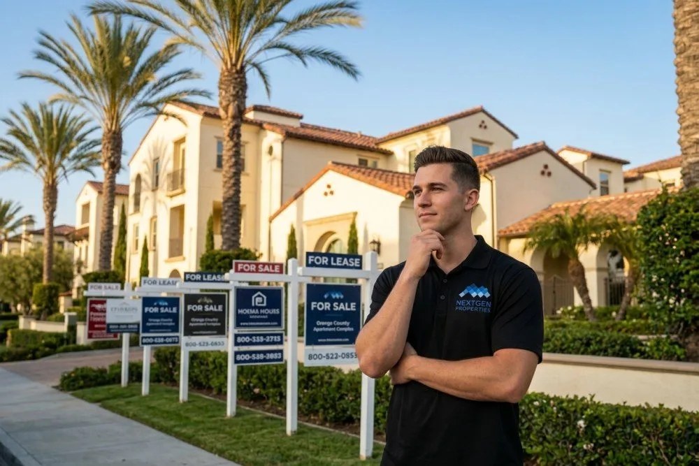 Multiple for sale signs in front of Orange County apartment complexes showing market slowdown